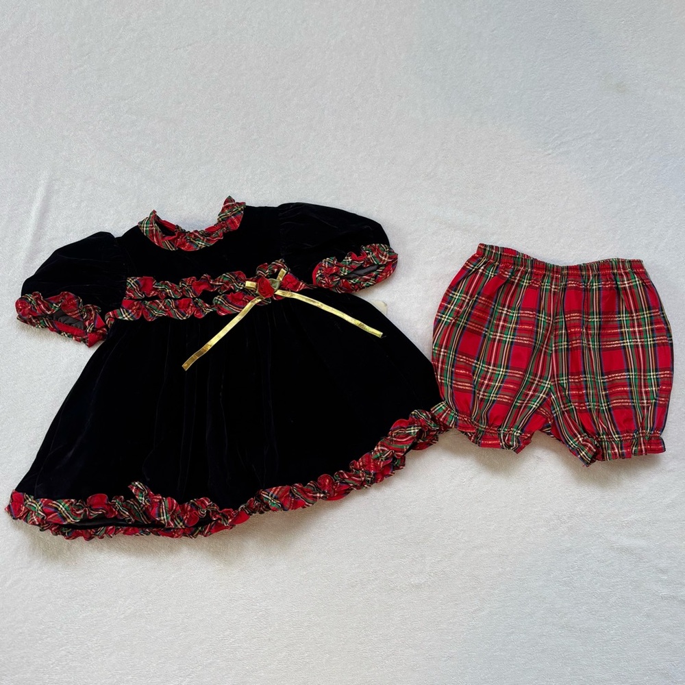 Vintage Primrose Pink Two Piece Velour Dress Bloomers Plaid Baby Girl 6 Months